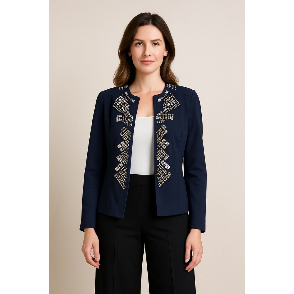Chico's Quiet Luxury Jacket Womens 0 Small/4 Blue Linen‎ Cotton Blend Beaded